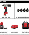 Top Grade 2550-22 M12 Cordless Rivet Gun Kit Perfect For Milwaukee Tools Pulls Stainless And Aluminum Up To 3/16 Inch With Quick Charge And Red Black Finish. Kit includes M12 rivet tool, four nose pieces, two batteries, charger, and contractor bag.