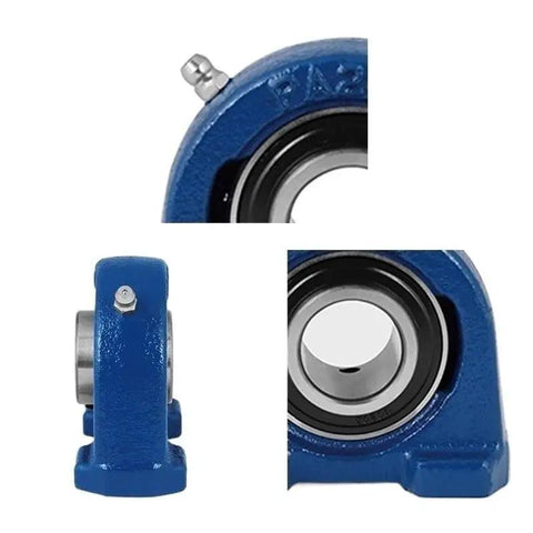 Ucpa Series Self Aligning Pillow Block Unit With Insert Ball Bearing Cast Iron Frame Short Base Mount showing grease port and solid lock.