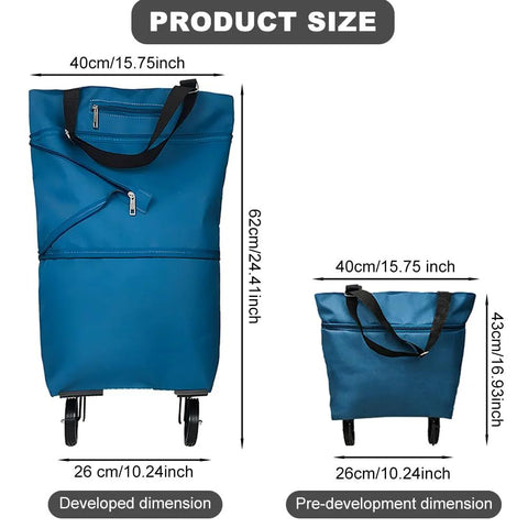 Collapsible Shopping Cart With 360 Degree Swivel Wheels For Travel And Home in Lake Blue shown folded and expanded, with dimensions listed.
