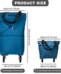 Collapsible Shopping Cart With 360 Degree Swivel Wheels product size in lake blue, showing developed and pre-development dimensions