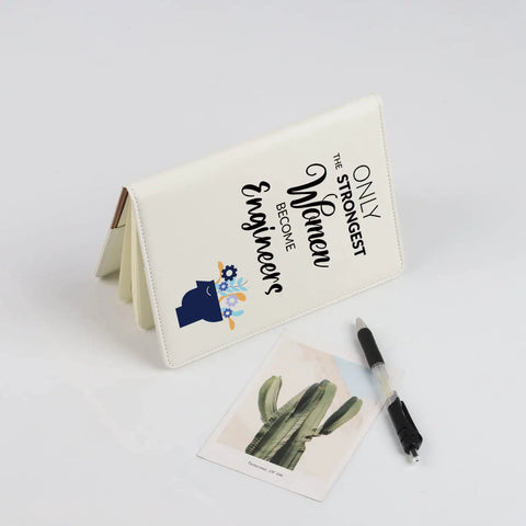 Leather Engineer Notebook Cover For Women with inspiring quote design, shown with cactus postcard and pen, waterproof material