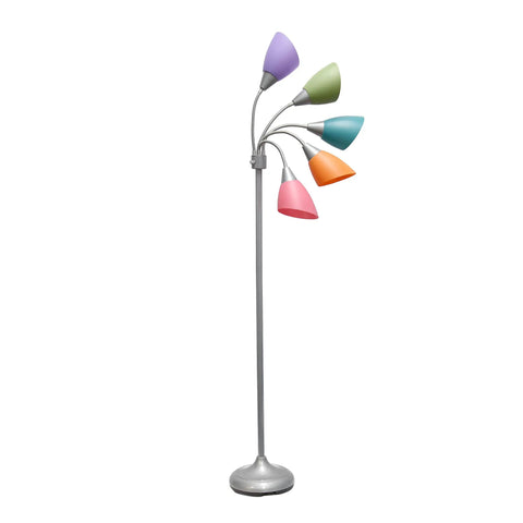 67 Inch Contemporary Medusa Five Light Adjustable Gooseneck Floor Lamp With Silver Finish And Colorful Shades In Green Lilac Coral Teal Pink