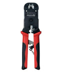 Ratcheted Pass Through RJ45 Crimp Tool With Built In Stripper And Cutter For Unshielded And Shielded Modular Plugs Delivers Proper Pin Seating Built In Strain Relief Perfect For Ethernet Cabling S45 C100 Compatible, showing front view with red and black handles