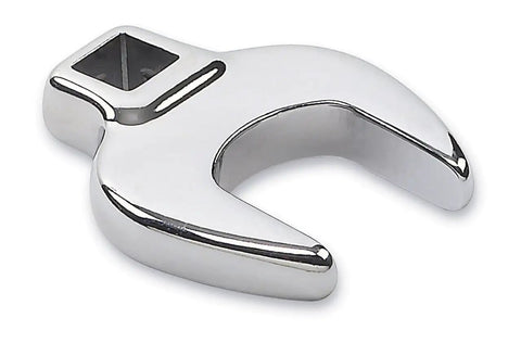 Close-up of a single wrench from Ten Piece Three Eighths Inch Drive Crowfoot Wrench Set Metric For Tight Spaces Includes 10mm And 11mm Crowfoot Wrenches Stamped Size Markings Bright Chrome Finish Full Polish Steel Construction