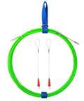 Get The Job Done Fast With This 32 Foot Plastic Coated Steel Fish Tape Wire Puller, showing green flexible fish tape with wire ends.
