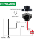 Installation diagram for 8 Pack TwistLock Photocell Cap With Surge Protection for dusk to dawn lighting with receptacle wiring guide.