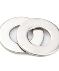 Two stainless steel flat washers, 5/16 inch inner hole, 18-8 (304) stainless, front view
