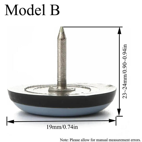 Close-up of a 19mm screw-in furniture glide with dimensions, part of a 24 Pack 19mm Round Screw-In Furniture Glides With Nail Covers For Chairs And Tables, No-Squeak Noise-Reducing Pads For Quiet, Smooth Moves On Wood, Tile, And Carpet Floors.