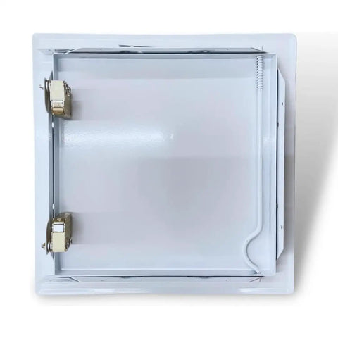 No Sweat Push To Open Metal Access Panel 6 X 6 Inches smooth self-closing cover with white epoxy finish and hinge.