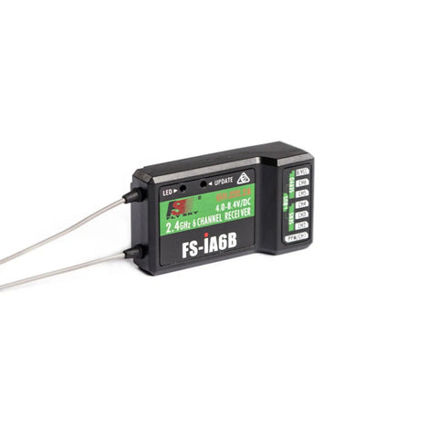 FS iA6B 6 Channel 2.4 GHz Receiver with PPM and iBus dual antenna for Flysky transmitters, black rectangular design
