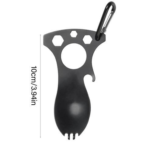 Multifunction Camping Spoon Fork Tool With Bottle Opener And Wrenches, Stainless Steel 3Cr13, compact 10cm portable gear