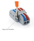 Universal Compact Wire Connector One Input Five Or Ten Outputs Quick Push Terminals For Fast Tool Free Splitter Wiring In Homes And Commercial Projects With Tin Plated Copper Contacts And Flame Retardant Housing, gray 2-port view