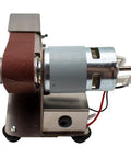 Knockout Mini Belt Sander And Slick Dual Voltage Polisher with tough grinding wheel and 775 motor, side view highlighting components.