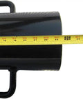 Close-up of Beefy 24 Inch Fence Post Driver With Dual Handles, black steel construction, yellow tape measure across body.