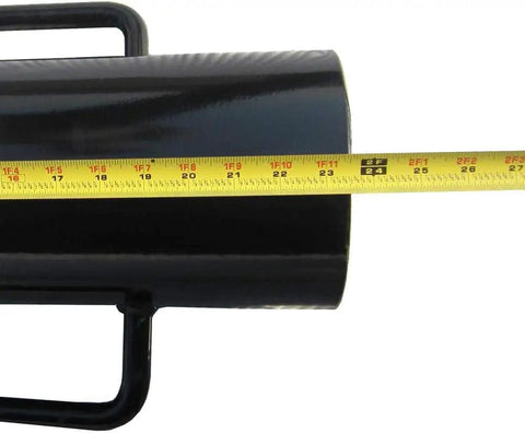 Close-up of Beefy 24 Inch Fence Post Driver With Dual Handles, black steel construction, yellow tape measure across body.