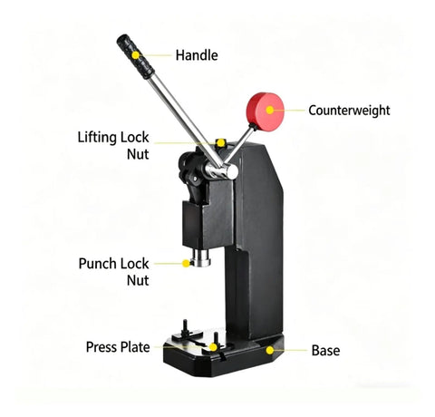 Heavy Duty Manual Arbor Press 1 Ton Lever Style Desktop Punch Tool Precision Cast Iron parts labeled including handle and base.