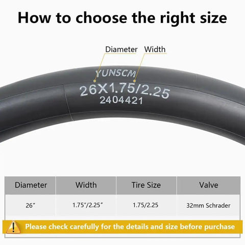 Two Pack Heavy Duty Bike Inner Tubes for 26 Inch Wheels with AV Schrader Valve 32mm, tire size guide and measurements