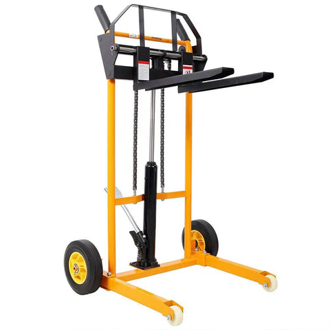 Heavy Duty Hydraulic Material Lift Stacker With Adjustable Forks, 440 Lbs Manual Pallet Jack Lift Cart For Warehouse Garage Shop And Workshop Use, side view with rubber wheels