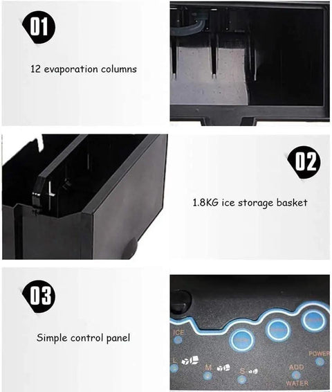 12 evaporation columns, 1.8KG storage basket, and simple control panel of Straight Up Countertop Ice Maker Churning Out Fifty Five Pounds Daily.