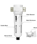 Pro Grade 1 Quarter Inch Inline Air Filter With See Through Bowl Moisture Trap And 5 Micron Particulate Filter, white filter with labeled parts