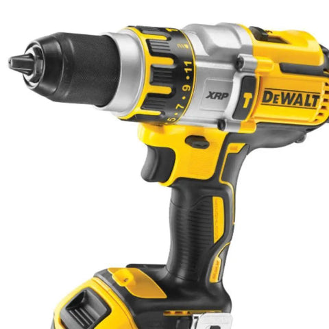 Close-up of Heavy Duty 18V Brushless Cordless Drill And Impact Driver Combo Kit with keyless chuck and speed settings.