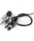 Angled view of 316 stainless steel 100 psi pressure transducer with 1/8 in NPT thread and 4-pin wiring harness