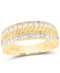 Crafted Mens 14K Yellow Gold Round Diamond Wedding Band Ring With 1.00 Ct Total Weight G H Stones Machine Set For Tight Daily Drip Stamped Quality Heavy Fit Adds Real Premium Polish Comes In Gift Box, featuring round diamonds and a textured band.