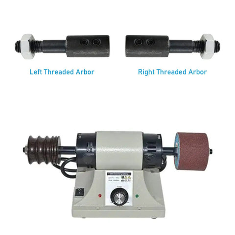 Two Set 8mm Motor Arbor Adapter Kit For Bench Grinder And Polisher with left and right threaded spindles, displayed on a grinder.