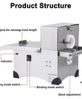 Top Shelf Commercial Electric Sausage Tying Machine Featuring Solid Stainless Steel Build And No Sweat Foot Pedal For Effortless Auto Knotting With Precisely Adjustable Link Sizes, showing control panel and structure.