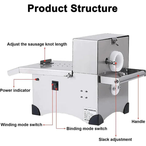 Top Shelf Commercial Electric Sausage Tying Machine Featuring Solid Stainless Steel Build And No Sweat Foot Pedal For Effortless Auto Knotting With Precisely Adjustable Link Sizes, showing control panel and structure.