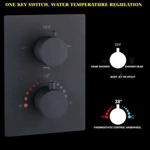 Slick Black Thermostatic Shower System Featuring A Rad 12 Inch Rain Head And Three Mode Handheld Sprayer control panel for water temperature regulation.