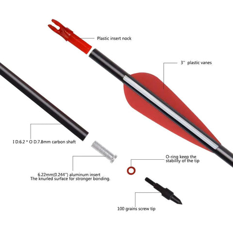 Carbon Arrows For Archery Hunting And Target Practice 26-Inch Arrows With Removable Tips For Compound And Recurve Bows 500 Spine