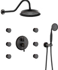 RomceBath Antique Oil Rubbed Bronze Rain Shower Head Faucet System with 6 Body Jet, Vintage 9" Wall Rainfall Head, and Handheld Fixtures.