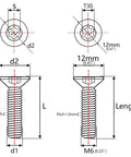 Torx countersunk head titanium bolt with burnt blue finish, M6x25mm; front and side views