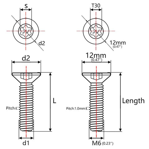 Torx countersunk head titanium bolt with burnt blue finish, M6x25mm; front and side views