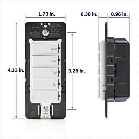 Countdown Timer Switch For Bathroom Fans And Lights With Presets 5 10 15 30 Minutes No Neutral Needed 15A Single Pole DT1301LW dimensions