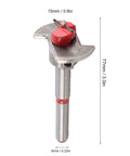 Front view pocket hole drilling jig, metal body with red knob, 77mm long and 15mm locator.