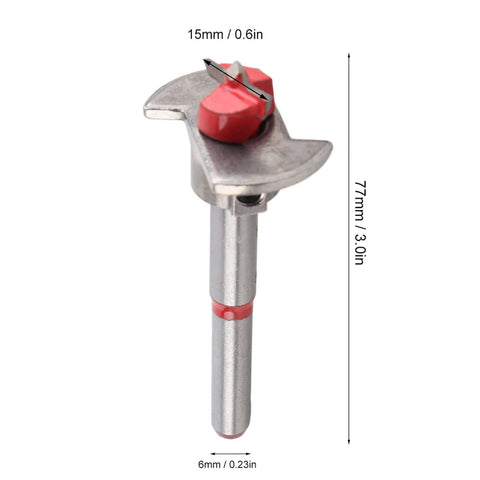 Front view pocket hole drilling jig, metal body with red knob, 77mm long and 15mm locator.