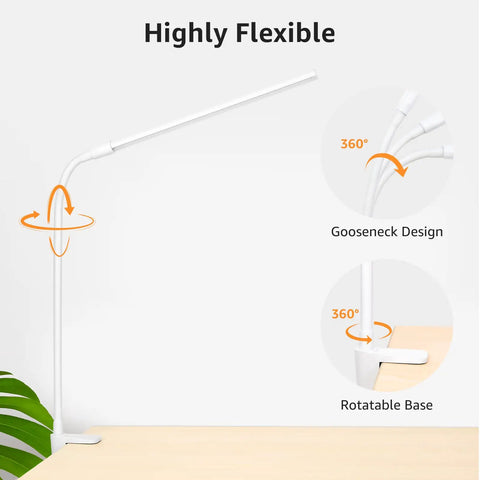 Space Saving Clip On Desk Lamp with Clamp USB Gooseneck Reading Light showing 360-degree flexibility on desk
