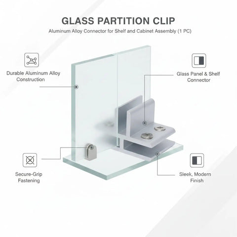 Heavy Duty Aluminum Glass Connector Clip for Display Cabinets and Office Partitions Silver Finish, showing installation detail