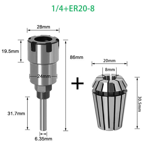 Premium 8mm 1/4 Inch And 1/2 Inch Shank Er Router Bit Extension Rod Collet, high carbon steel with detailed dimensions for precision engraving.