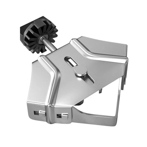 Heavy Duty 90 Degree Corner Clamp With Super Sturdy Grip For Woodworking Welding And Framing Jobs One Hand Operation stainless steel close-up view