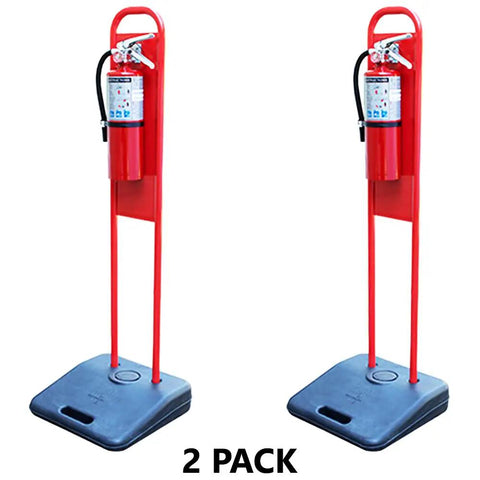 Heavy Duty Fire Extinguisher Stand Base 2 Pack No Sweat Wall Mount Holder For 5 10 20 Lb Canisters, red design, sturdy base.