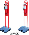 Heavy Duty Two Pack Fire Extinguisher Stand Built Tough No Hassle Setup Base for 5-20 lb extinguishers, stable black base.