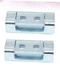 Front view of a pair of silver metal cabinet hinges with two mounting holes