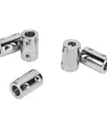 Straight Up Heavy Duty Five Piece Steel Shaft Coupling Set Featuring Flexible Motor Couplers For Smooth Mechanical Transmission Rock Solid Zero Slip Design Fits Six To Eight Mm Shafts Perfect For Shop Builds - close-up of shiny steel couplings.