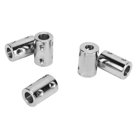 Straight Up Heavy Duty Five Piece Steel Shaft Coupling Set Featuring Flexible Motor Couplers For Smooth Mechanical Transmission Rock Solid Zero Slip Design Fits Six To Eight Mm Shafts Perfect For Shop Builds - close-up of shiny steel couplings.