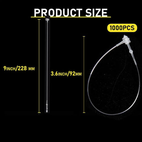 1000 Pc Clear 9 Inch Plastic Hang Tag Fasteners No Sweat Quick Snap Lock Security Loops straight setup with size details.