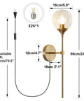 Brushed Gold Plug In Wall Sconce Set Of 2 Mid Century Modern Long Globe Lights With Amber Glass For Bathroom Vanity Lamps With On Off Switch