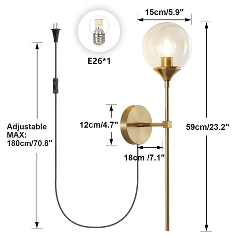 Brushed Gold Plug In Wall Sconce Set Of 2 Mid Century Modern Long Globe Lights With Amber Glass For Bathroom Vanity Lamps With On Off Switch